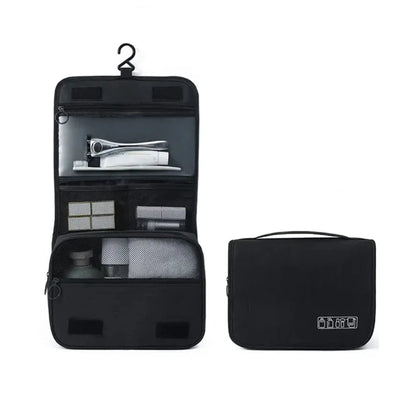 Black hanging toiletry bag with multiple compartments and hook, shown open and closed