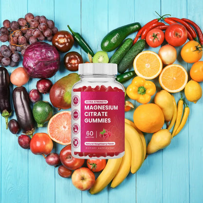 Magnesium citrate gummies with fresh fruits for overall health support, gluten-free and natural raspberry flavor.