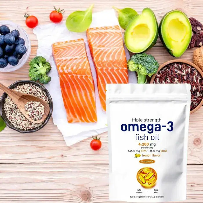 Fresh salmon, avocado, quinoa and omega-3 supplement package with healthy ingredients on wooden background