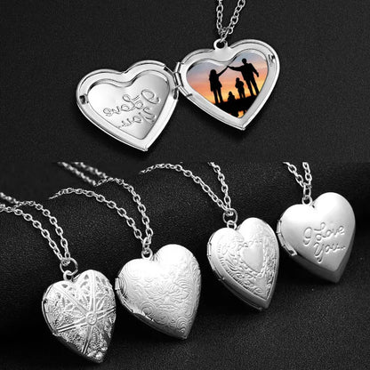 Silver heart lockets featuring family photo inside and engravings, a perfect sentimental gift idea.