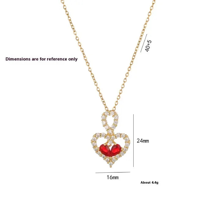 heart pendant necklace gold double heart with red gemstone and size measurements shown