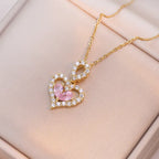 heart pendant necklace gold double heart with pink crystal gemstone