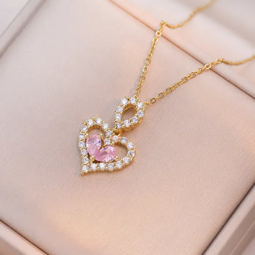 heart pendant necklace gold double heart with pink crystal gemstone