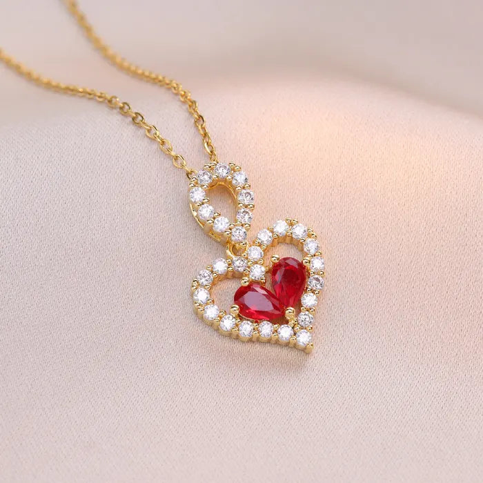 heart pendant necklace gold double heart with red heart gemstone