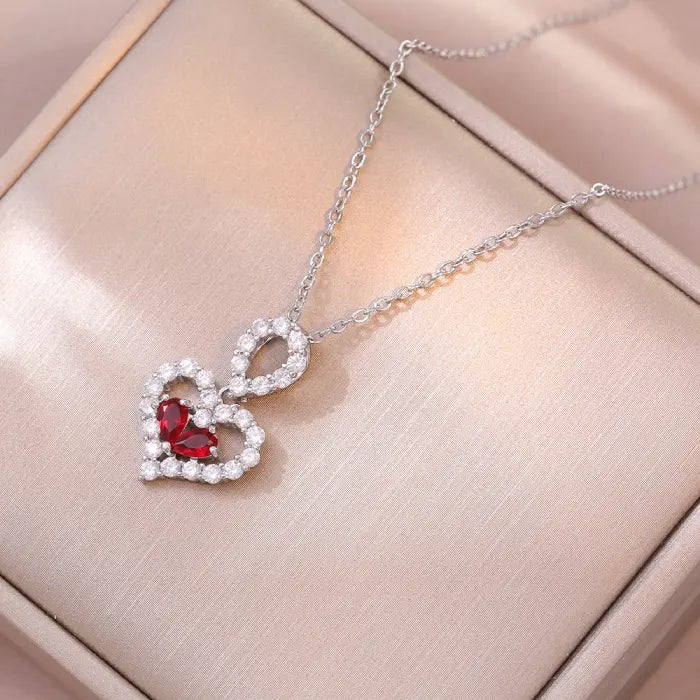heart pendant necklace silver double heart with red gemstone center