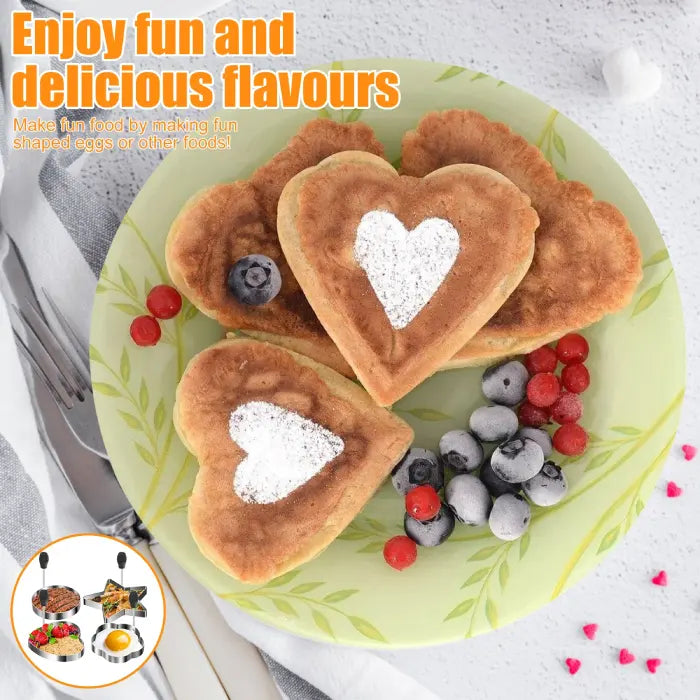 Heart-shaped pancakes served with berries using stainless steel molds for fun and delicious breakfasts.