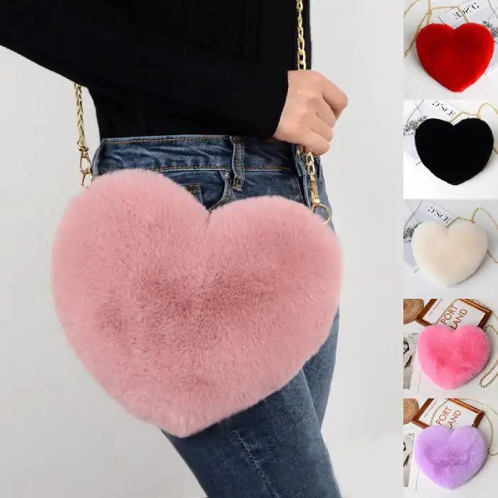 Heart shoulder bag in pink plush with gold chain strap, shown with multiple color variants.