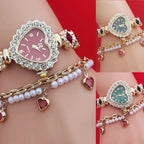 Heart stone watch collage showing red and green jeweled dial variants styled with charm bracelet for sparkling fashionable wrist accessory appeal