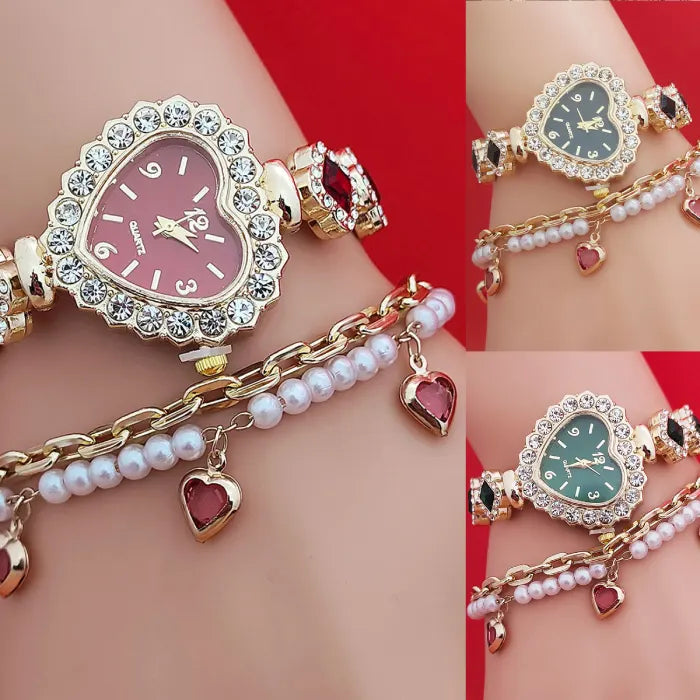Heart stone watch collage showing red and green jeweled dial variants styled with charm bracelet for sparkling fashionable wrist accessory appeal