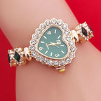 Heart stone watch with green dial and crystal-studded heart frame worn on wrist showing matching green gemstone bracelet accents for stylish wear