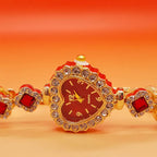 Heart stone watch with red dial and sparkling crystal-studded frame offering an elegant luxurious bracelet-style accessory for women
