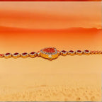 Heart stone watch with red jeweled dial and matching bracelet stones shown in flat side view offering sparkling elegant wrist accessory style