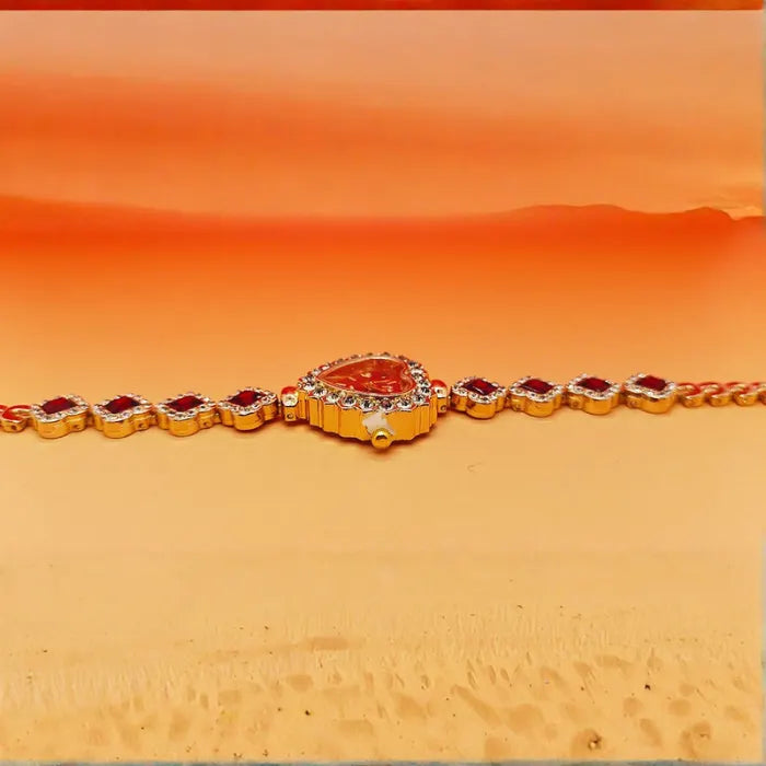 Heart stone watch with red jeweled dial and matching bracelet stones shown in flat side view offering sparkling elegant wrist accessory style