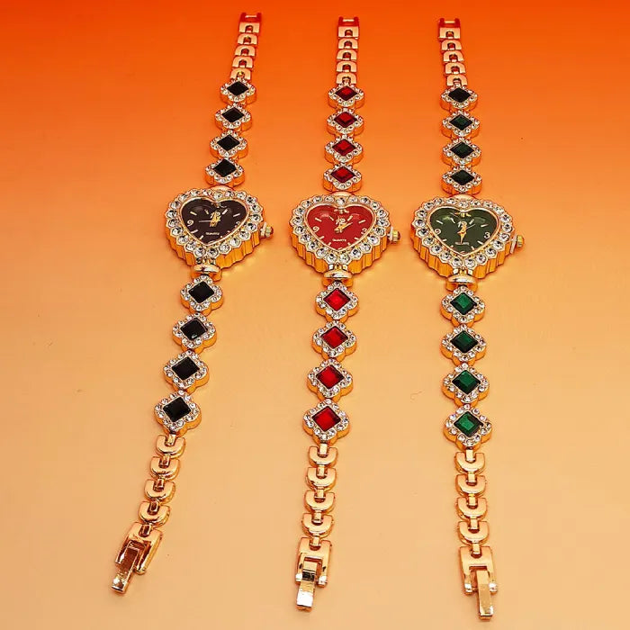 Heart stone watch set in black, red, and green dial options with jeweled crystal borders and gemstone bracelet links for luxury fashion styling