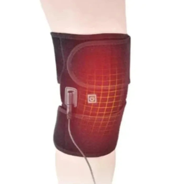 Red heated knee brace with glowing grid pattern, showing therapeutic warmth and electric connection for pain relief