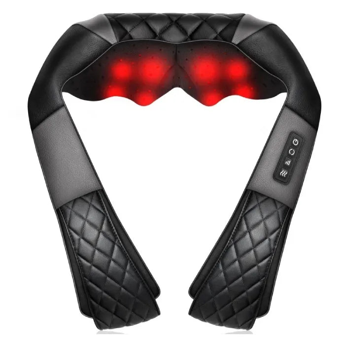 Black neck massager with quilted design and red LED heating elements for muscle relaxation.