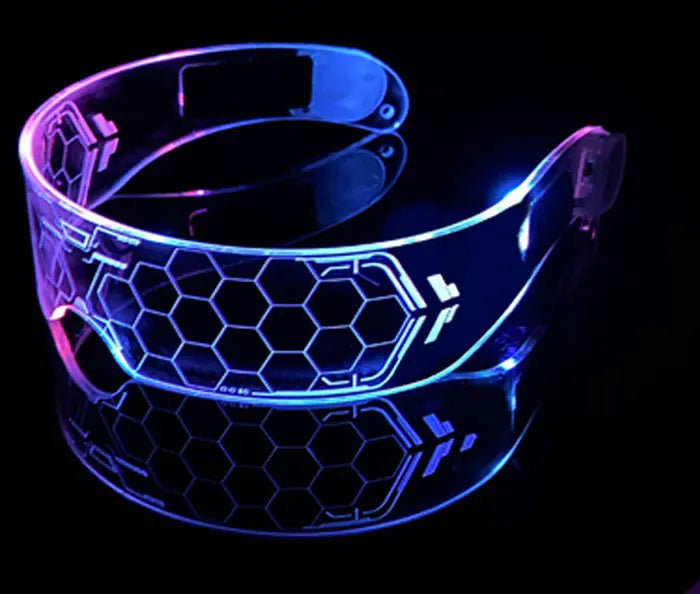 Transparent LED glasses featuring a hexagonal pattern and glowing purple and blue lights.