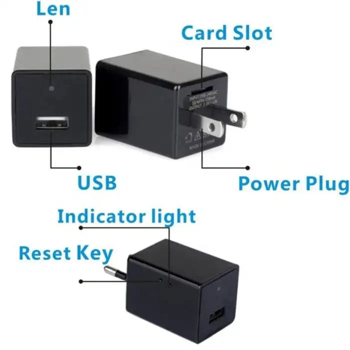 Hidden camera USB charger shown with labeled components including lens, card slot, and reset key.