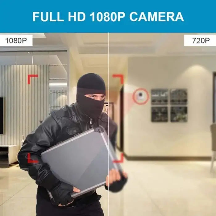 Hidden camera image shows comparison of HD 1080P versus 720P video resolution of a burglar.