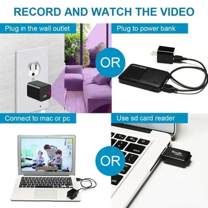 Hidden camera USB charger shown recording and connecting to laptop, wall outlet, and SD card reader.
