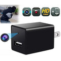 Hidden camera disguised as USB wall charger capturing intruder with 1080P video recording icons above.