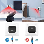 Hidden camera in wall socket shows 110-degree recording angle detecting intruder in living room.
