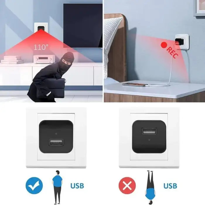 Hidden camera in wall socket shows 110-degree recording angle detecting intruder in living room.