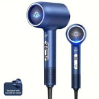 High Power Hair Dryer in sleek blue design with LED temperature display and dual airflow nozzles