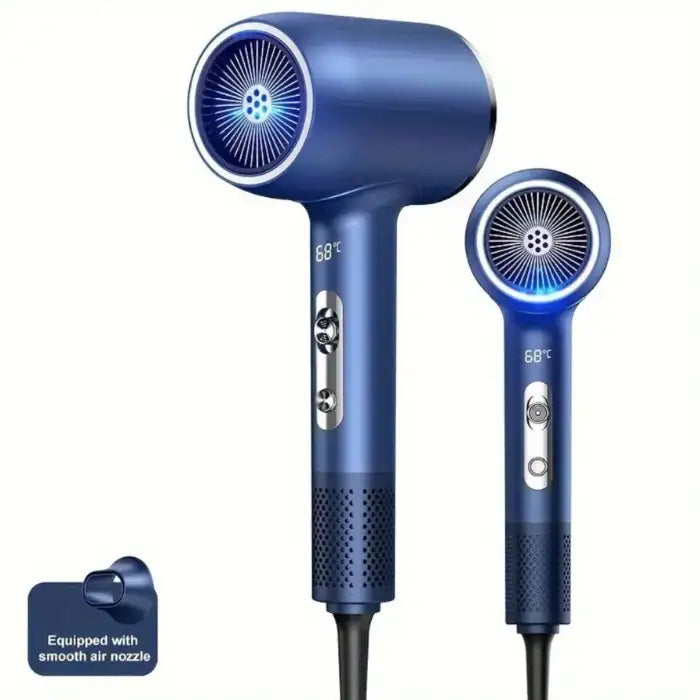 High Power Hair Dryer in sleek blue design with LED temperature display and dual airflow nozzles