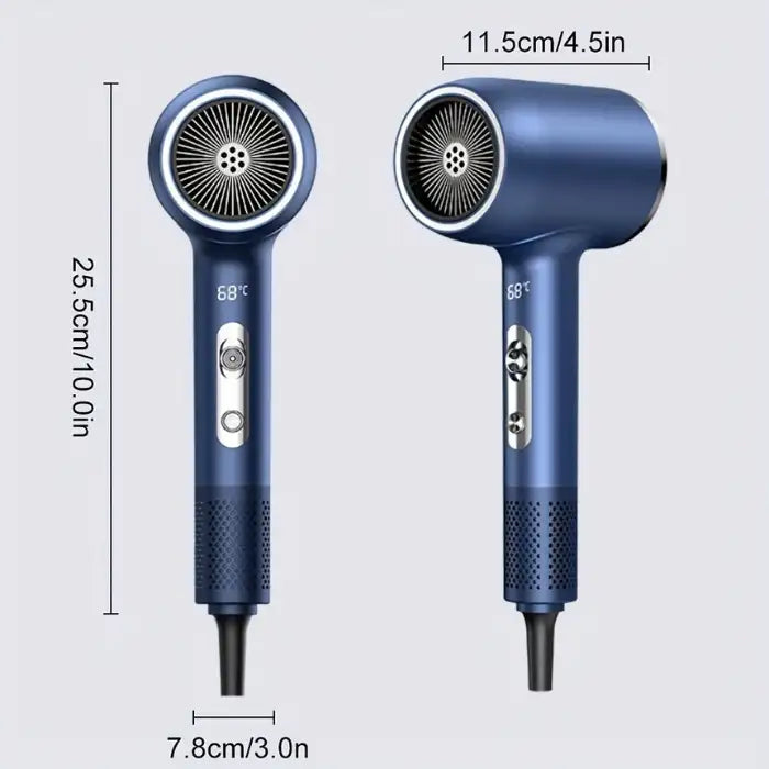 High Power Hair Dryer with precise product dimensions and ergonomic handle details