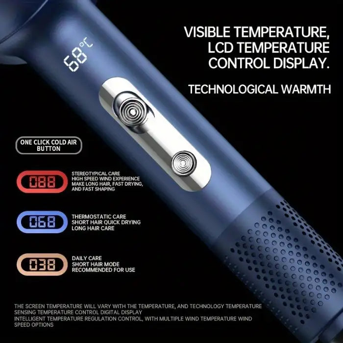 High Power Hair Dryer showing LCD screen and multiple temperature and airflow settings