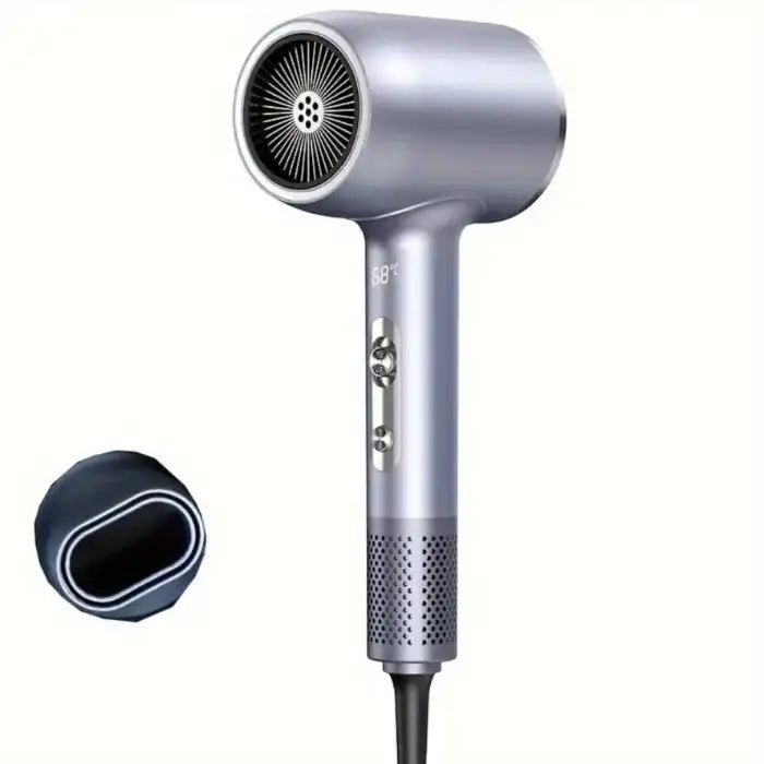 High Power Hair Dryer in metallic silver color with smooth air nozzle attachment
