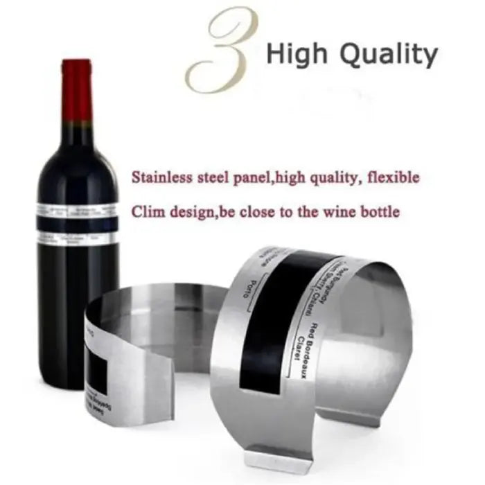 Stainless steel wine thermometer with a flexible design, shown next to a red wine bottle, featuring "High Quality" text.