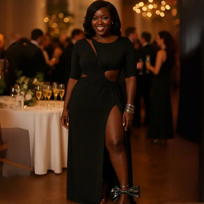 High slit dress in sophisticated black with waist cutout detail and side slit design suitable for formal dinner gatherings