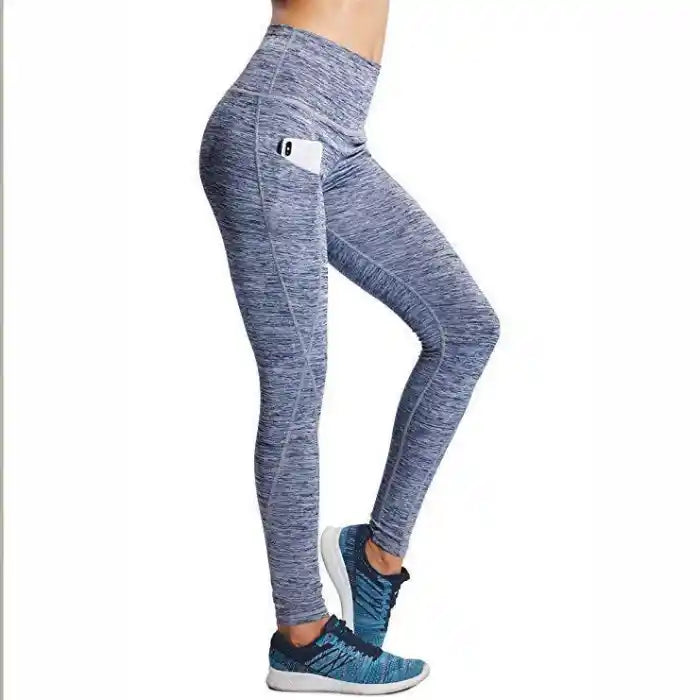 High waist leggings in blue with phone pocket and stretch fit, designed for running, yoga, or training.
