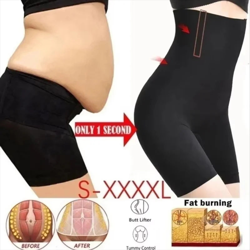 High waist shaping shorts before and after comparison showing instant slimming and tummy control.