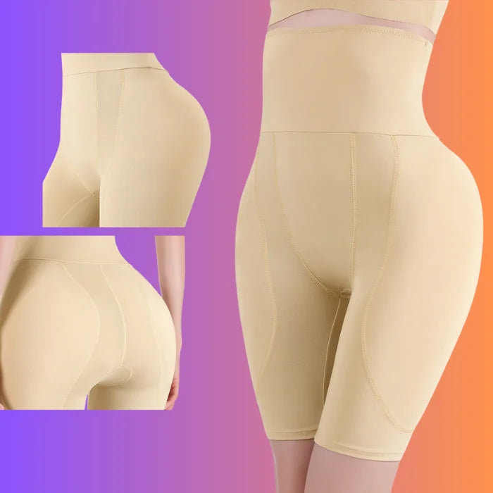 Beige high waist shaping shorts front and back views showing body contour and hip lift effect.