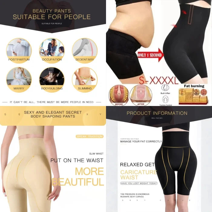 High waist shaping shorts collage showing slimming results, size options, and suitable uses for body shaping.