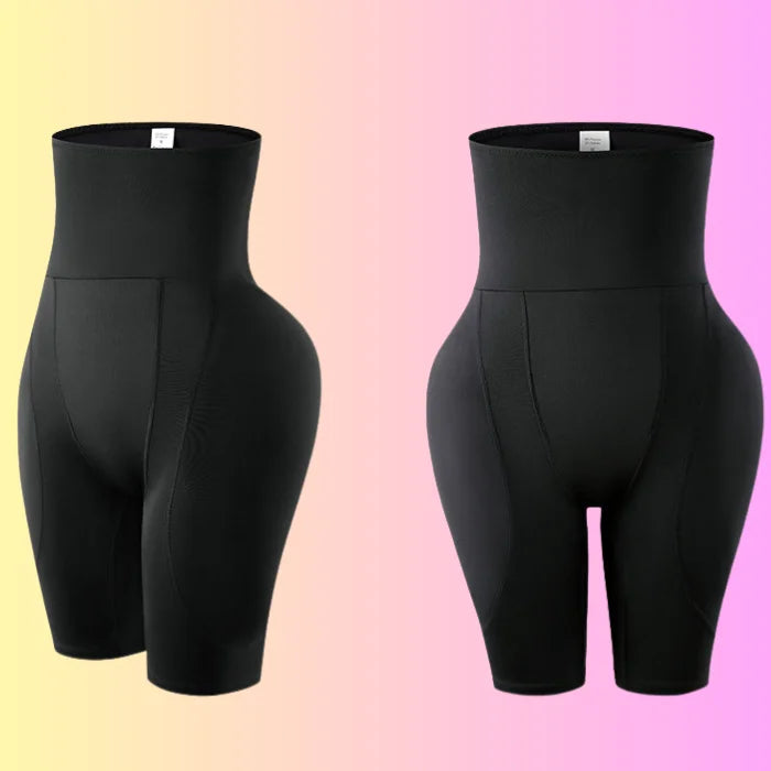 Two pairs of black high waist shaping shorts showing front and side views for body contouring.