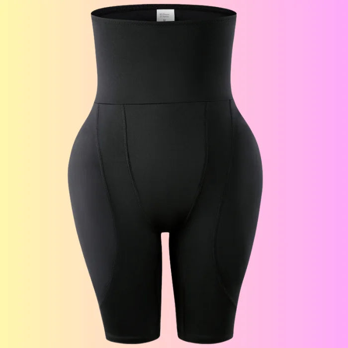 Black high waist shaping shorts front display highlighting smooth fabric and firm control waist.