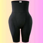 Black high waist shaping shorts front display highlighting smooth fabric and firm control waist.