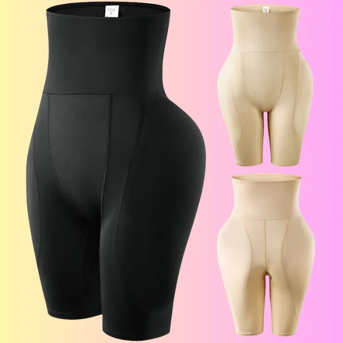 High waist shaping shorts in black and skin colors highlighting firm control and hip lift features.