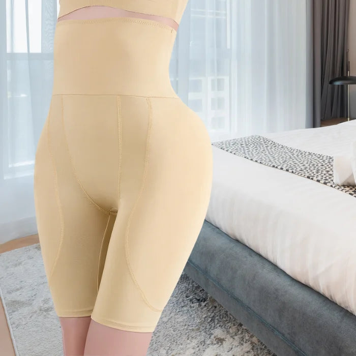 Full view of beige high waist shaping shorts enhancing curves with firm compression fit.