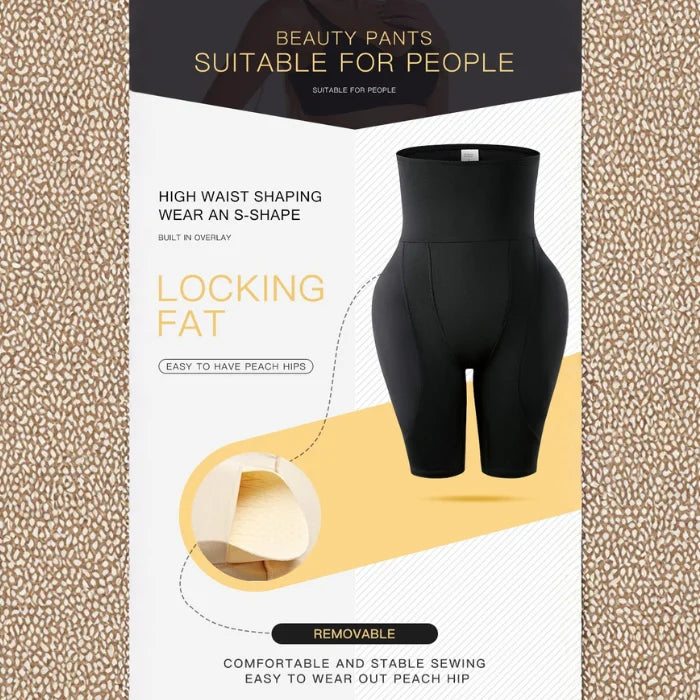 Black high waist shaping shorts locking fat design with removable pads for peach hip effect