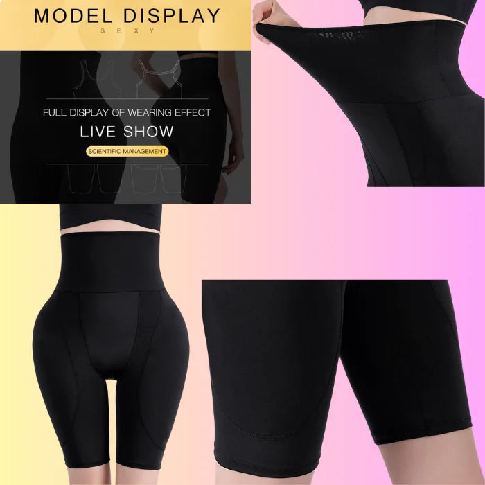 Model wearing black high waist shaping shorts showing full stretch and close-fitting design.