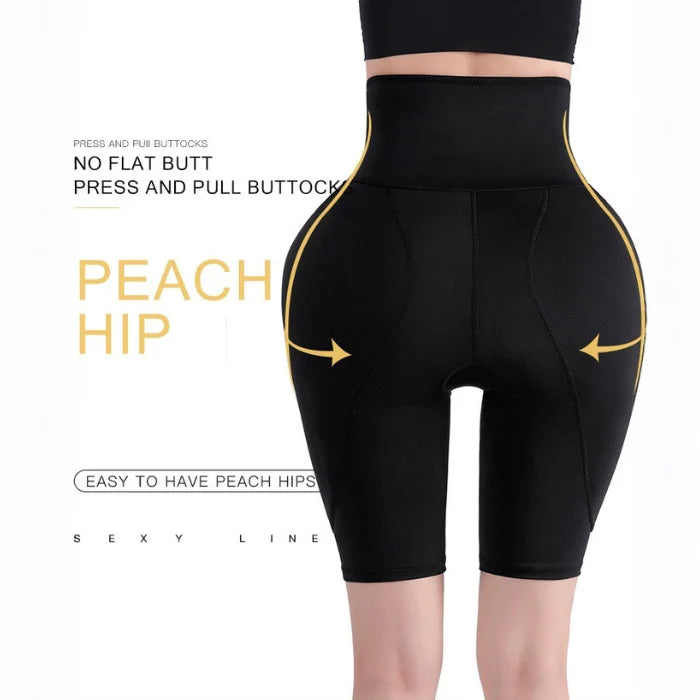 High waist shaping shorts with peach hip lifting effect and compression for a curvy silhouette.
