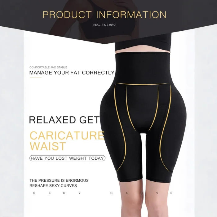 Product information of high waist shaping shorts in black with yellow contour lines for waist shaping.
