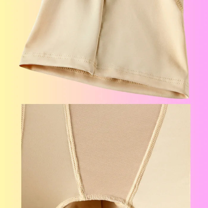 Close-up of high waist shaping shorts seam and leg hem showing quality stitching and breathable fabric.