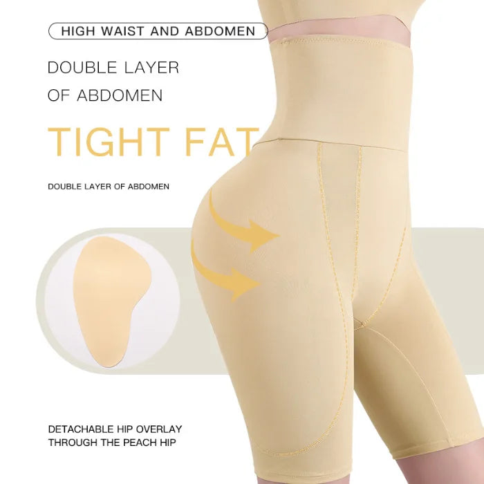Beige high waist shaping shorts with double layer abdomen support for tightening and slimming.