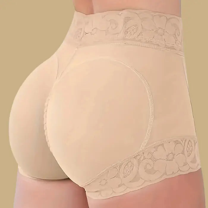 high waisted butt lifting shapewear in beige with padded rear design enhancing lift and smoothness for fuller, rounded curves